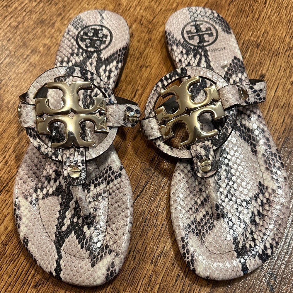 Tory Burch Snake Print Miller Sandals with Gold Logo